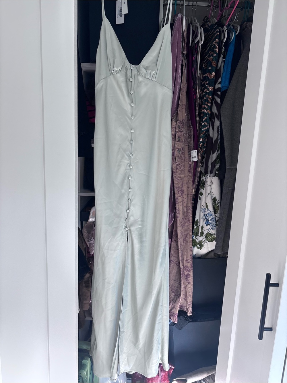 Satin Slip Dress with Front Buttons in Pale Mint
